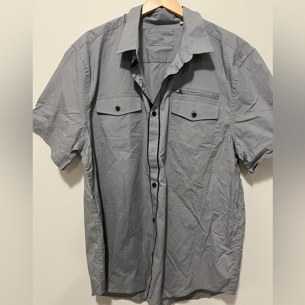 Guess Gray Zipper Chest Short Sleeve Dress Shirt